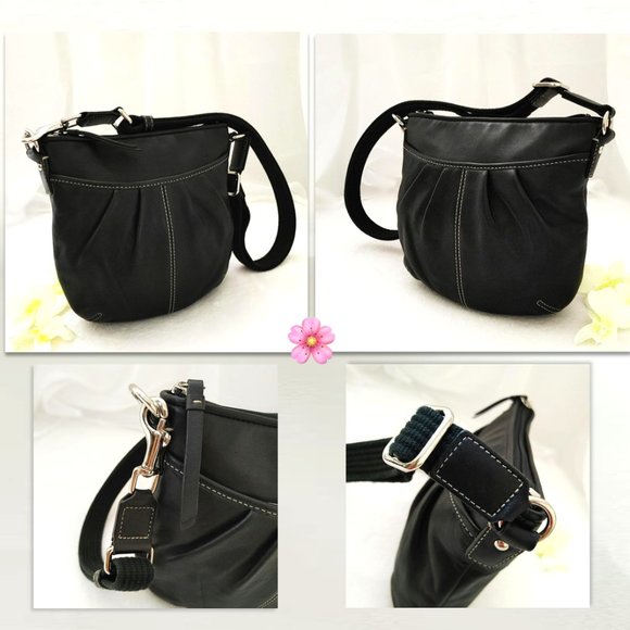 Genuine Leather Black Small Purse Shoulder Crossbody Bag Pleated White Stitched - Picture 5 of 10
